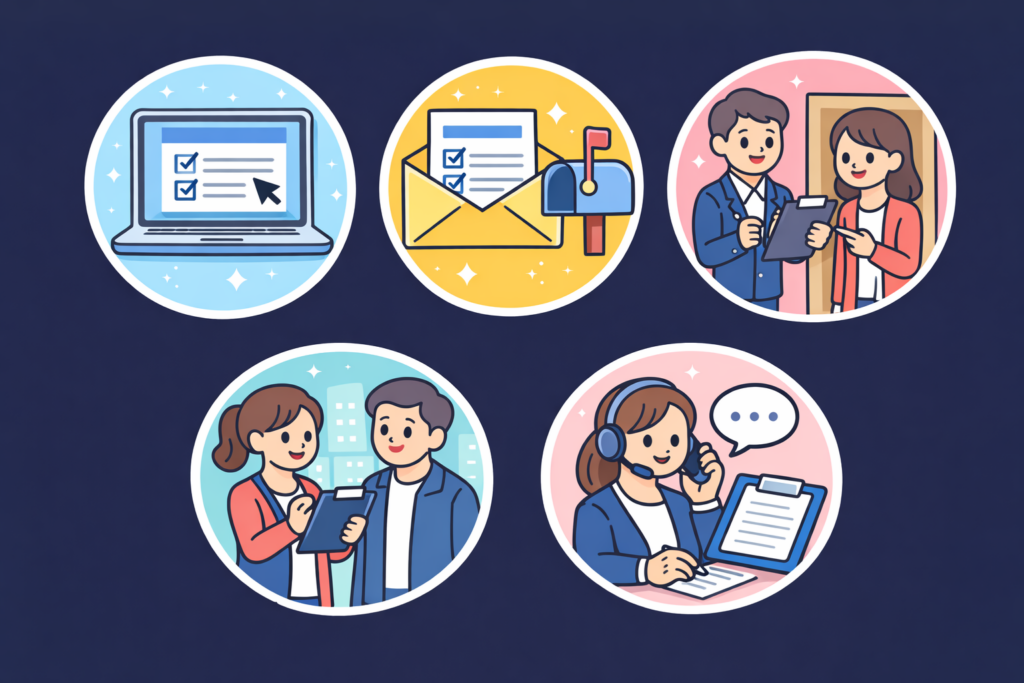 WEBアンケート、郵送調査、訪問留置調査、街頭調査、電話調査