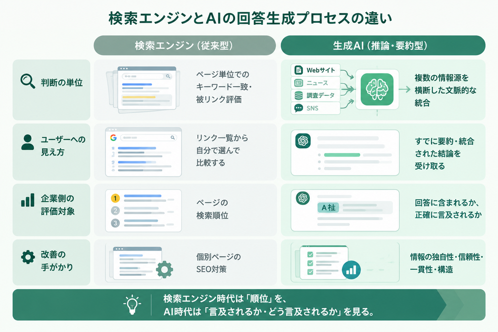 検索エンジン(従来型)と生成AI(推論・要約型)の回答生成プロセスの違いを示す比較図。判断単位・見え方・評価対象・改善の手がかりの4項目で比較し、検索エンジン時代の「順位」から、AI時代の「言及されるか・どう言及されるか」へのシフトをまとめています。
